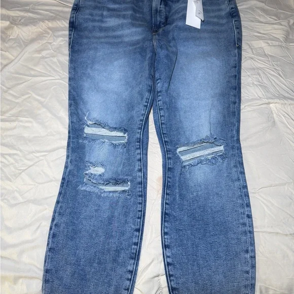 Good American Blue Distressed Straight Leg Jeans - Picture 1 of 5